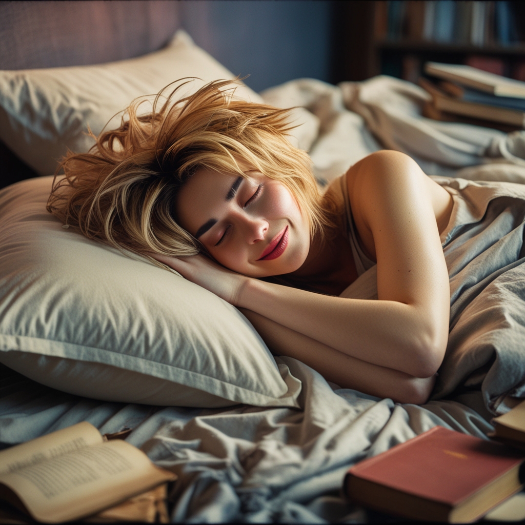 a smiling lazy girl in bed